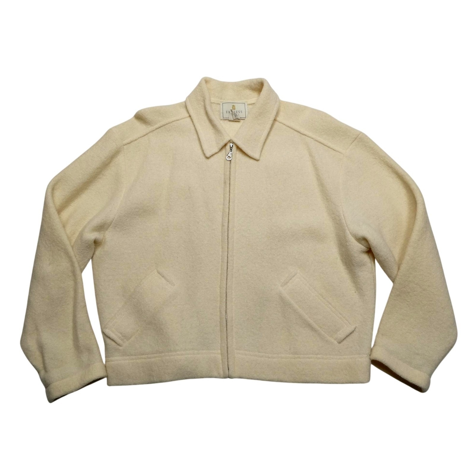 Vintage Express Jacket Womens Small White 100% Wool Collared Zip Pockets 80s